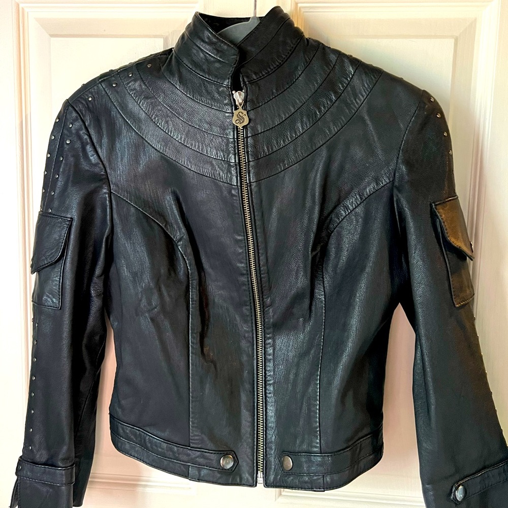 Skingraft studded moto leather jacket
